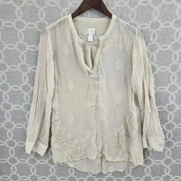 Chico's Viscose Embroidered Long/ Tab Sleeve Sheer Women's 1/M - Picture 1 of 9